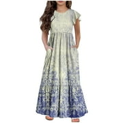 Boho Dress for Girls Floral Ruffle Sleeve Casual Flowy Swing Dresses with Pockets for Kids 6-12 Years Blue